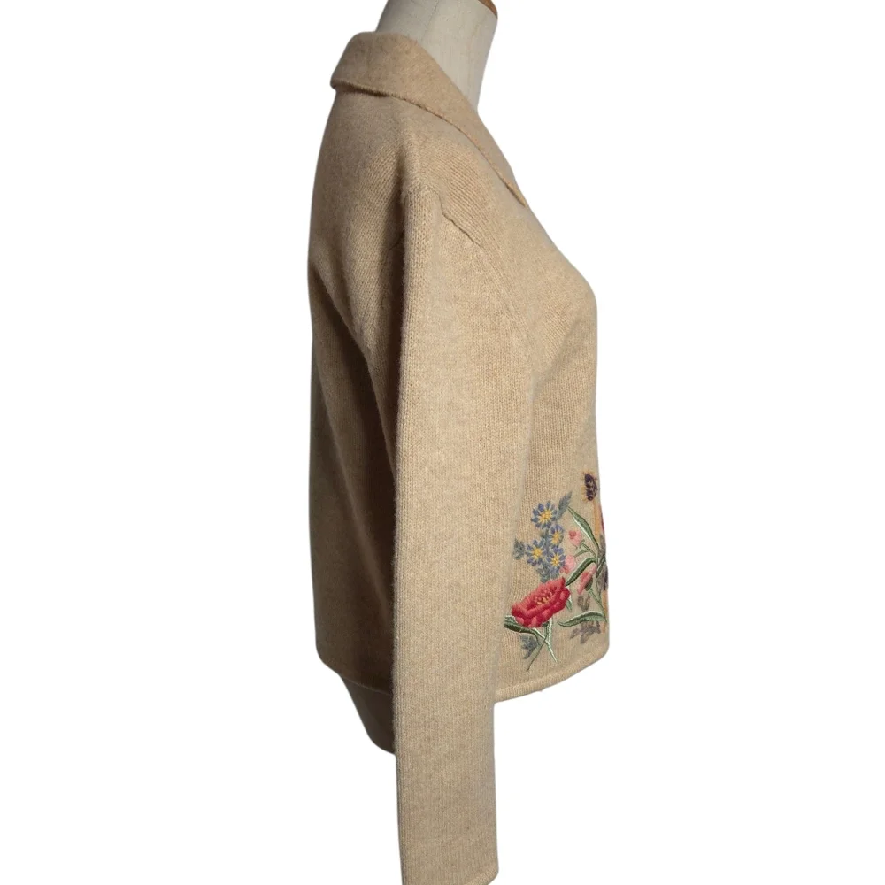 Appleseeds Vintage Tan Embroidered Collared Grandma Cardigan Sweater - Picture 4 of 8